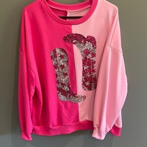 Pink Two-Tone Sequin Cowboy Boot Sweatshirt